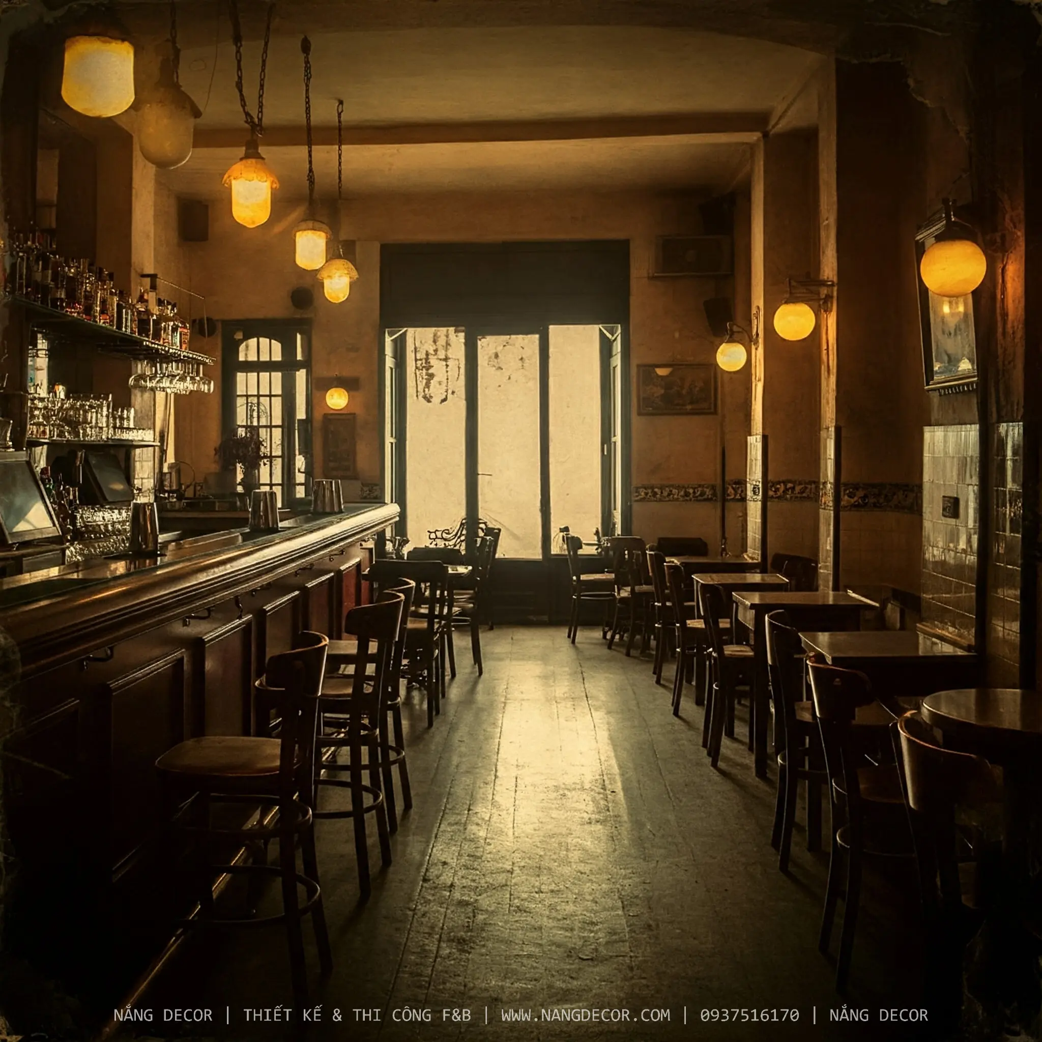 Bàn ghế gỗ ngoài trời cho quán cafe sân vườn phong cách rustic.