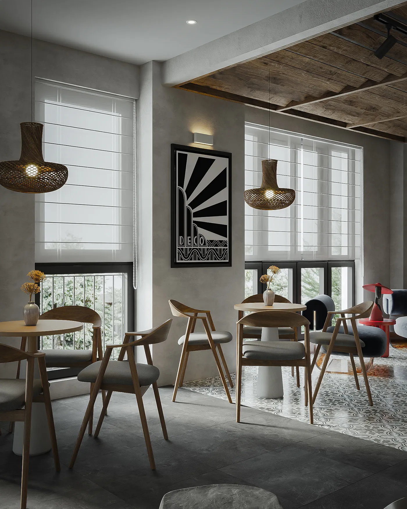 Khách hàng thư giãn tại quán cafe sân vườn phong cách hiện đại.