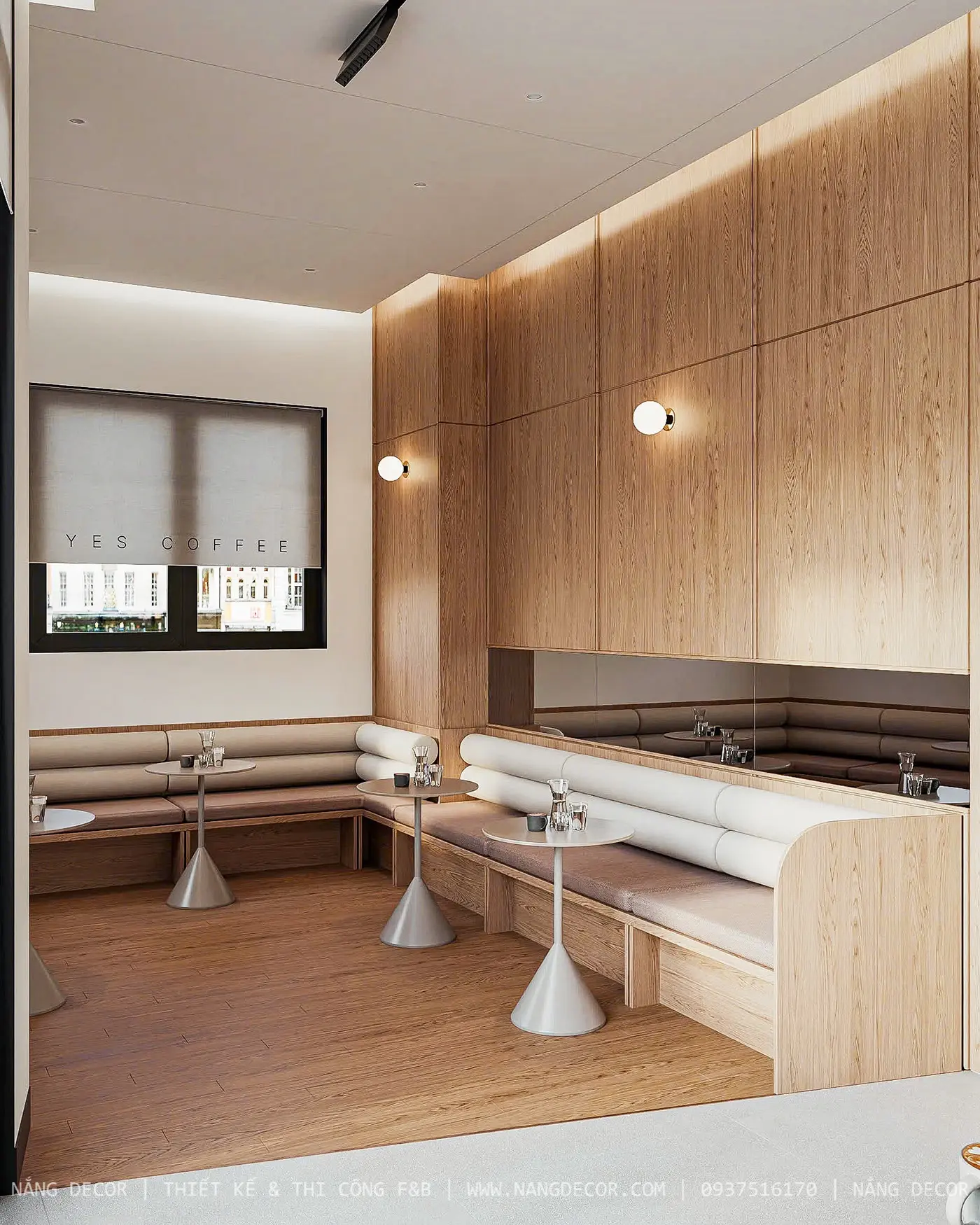 Tổng thể quán cafe hoàn thiện, sẵn sàng đón khách sau thi công.
