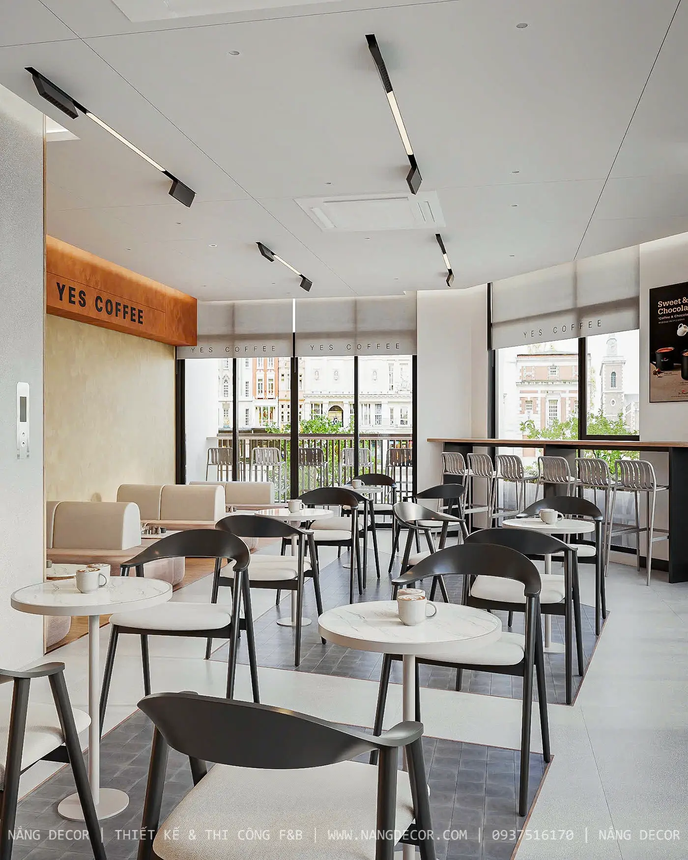 Mẫu quán cafe đẹp hiện đại với không gian mở và ánh sáng tự nhiên.