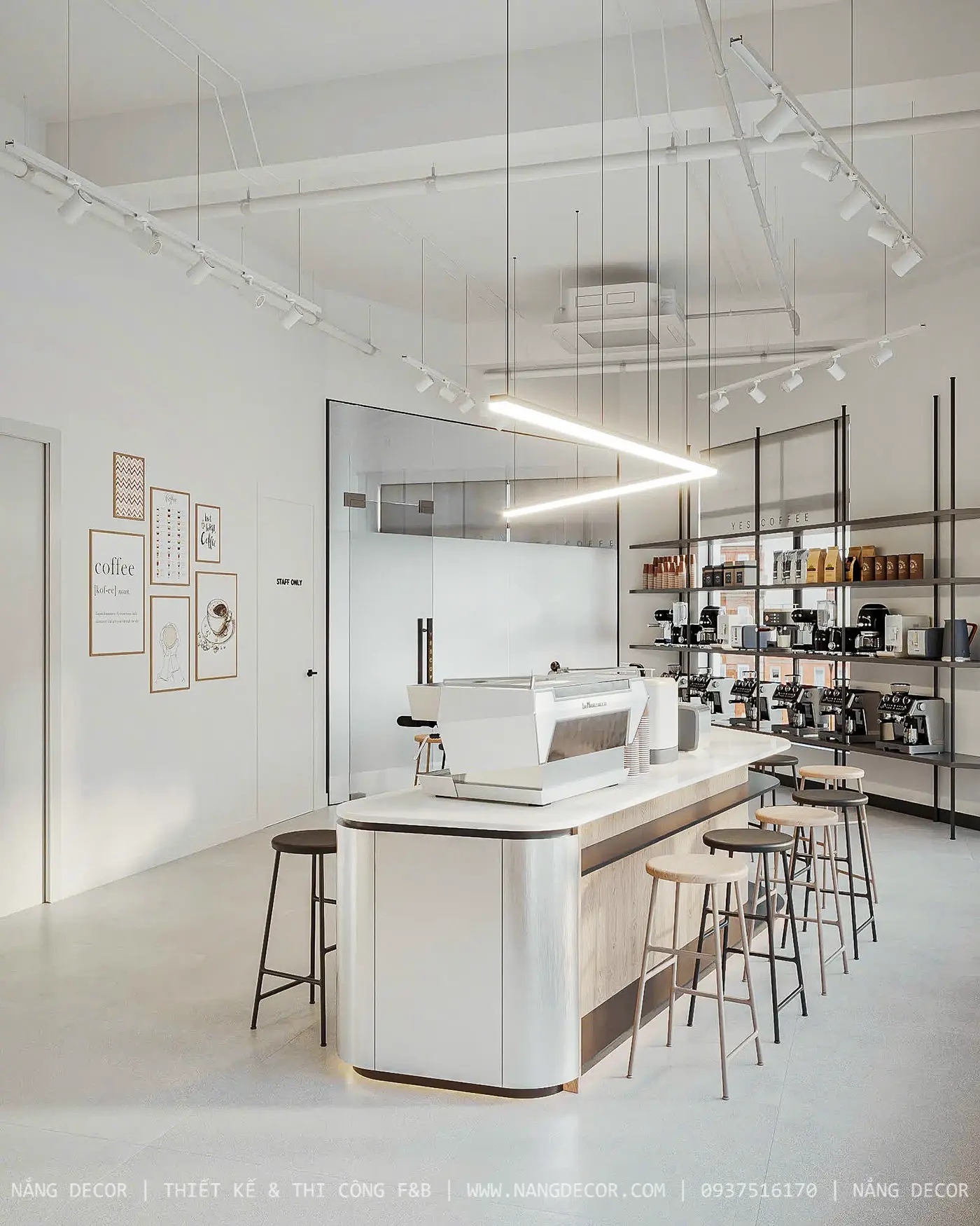 Mẫu quầy pha chế cafe nhỏ gọn, tích hợp đầy đủ công năng cho quán.